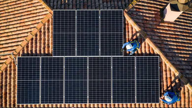 solar panels on top of a home, view from above