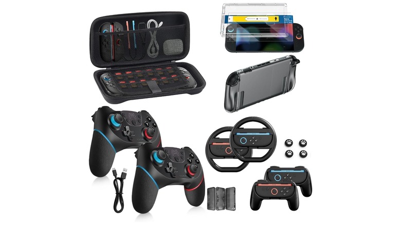 An Amazon promotional image showcasing all of the items available in the Binbok Pro Controller Accessories bundle