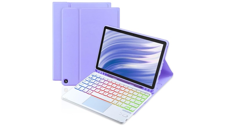 An Amazon protional photo for the MePadKey Trackpad Keyboard Case, showing both sides of the case when closed as well as what it looks when its open and the keyboard is displayed