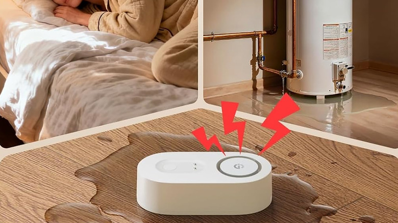 A GoveLife water leak sensor in a puddle of water with a woman sleeping above on the left and a basement water heater on the right.