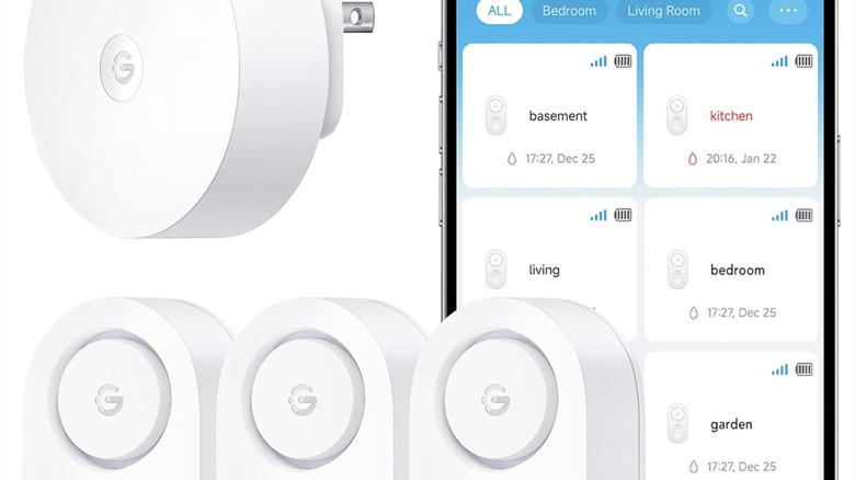 A cropped image of the GoveeLife gateway, three sensors, and a phone showing the app