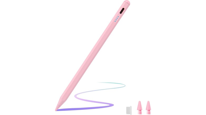 A promotional photo for the AMZ Fire Tablet Stylus Pen, the photo showcases the pink model, and also showcases a USB cover and two additional tips