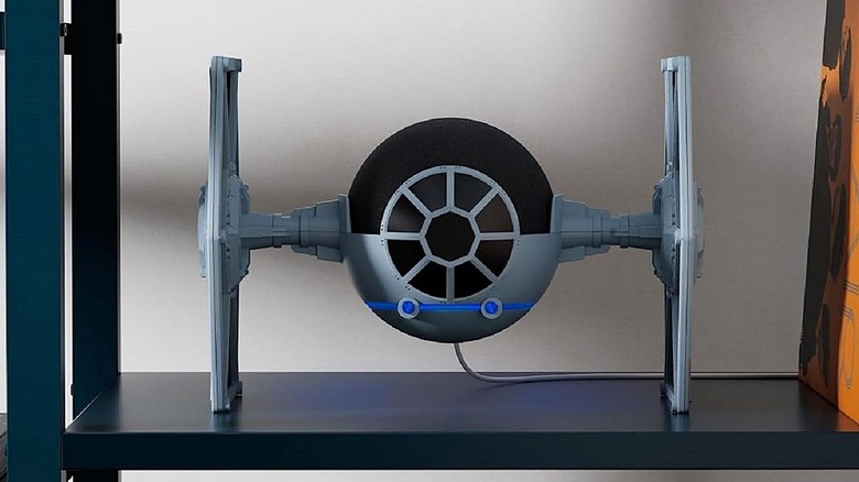 Limited Edition Tie Fighter Stand for Amazon Echo Dot on a shelf.