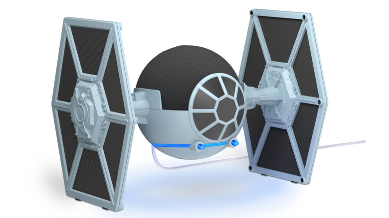 Amazon Echo Dot Tie Fighter Stand product image with blue lights.