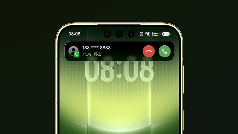 A Huawei Mate 90 Pro Max closeup showing an incoming call with three network signals showing up in the interface