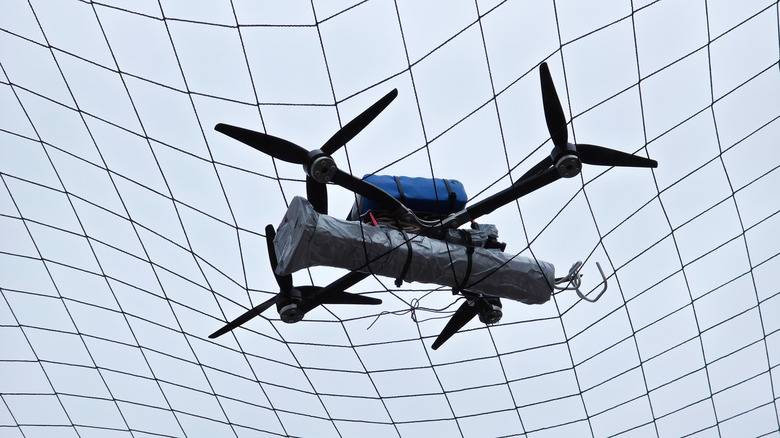 A Russian drone stuck in a net in Ukraine