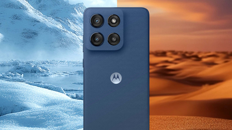 A Motorola G Stylus phone in front of cold and hot environments