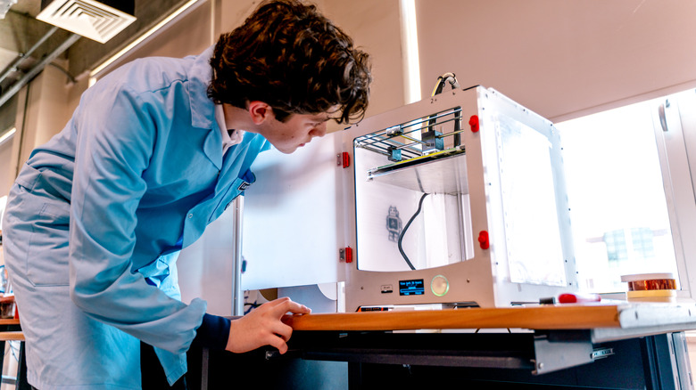 Someone examining the inside of their enclosed 3D printer.