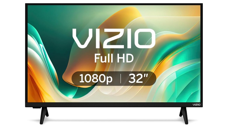 An Amazon promotional photo of the VIZIO 32-inch Full HD television, the company's logo is prominent on the screen as colors swirl in the background
