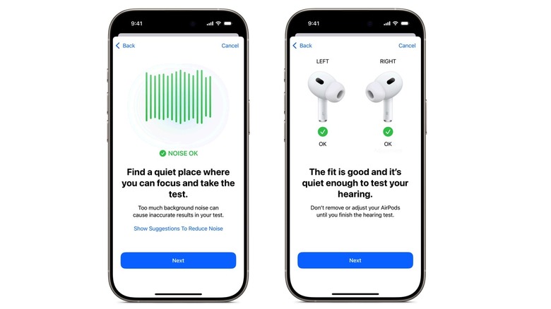 Starting the AirPods Pro Hearing Test on an iPhone.