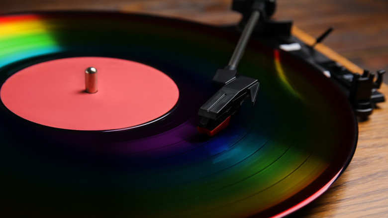A vinyl record on a turntable.