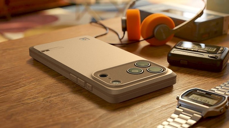 The Spigen LS Classic case on an iPhone 17 Pro sitting on a table with a beeper and retro headphones