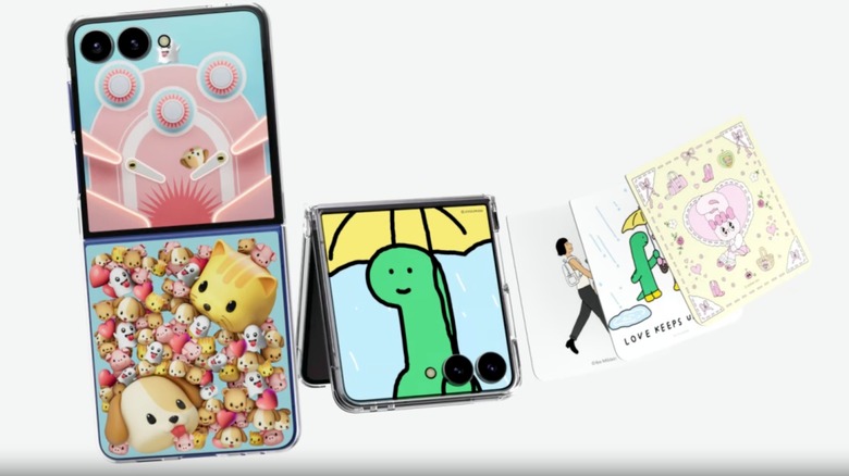 A promotional photo for the Galaxy Z Flip 7 Flipsuit Case, the image depicts two different Z flip phones showcasing the different aesthetic options of the case, and there are also three different Flipcards with various designs