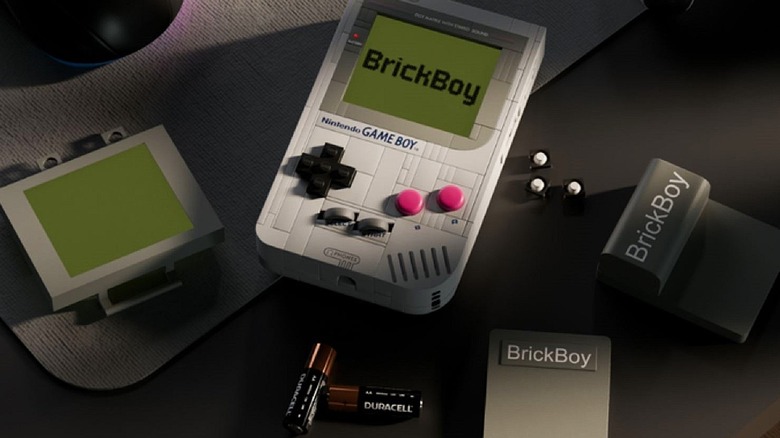 BrickBoy working Lego Game Boy kit with pieces on desktop.