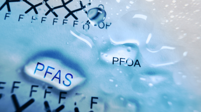 Water backdrop with PFAS and PFOA molecule representations.