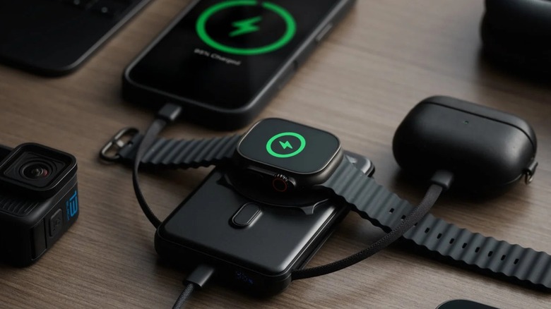 An Apple Watch lying on a battery pack that also has an iPhone and AirPods charging via wires