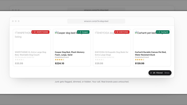 An example of how the Knockoff browser extension for Chrome or Firefox eliminates certain products and brands from search listings