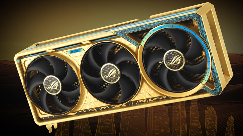 ROG Astral GeForce RTX 5090 Dhahab Edition on background with city