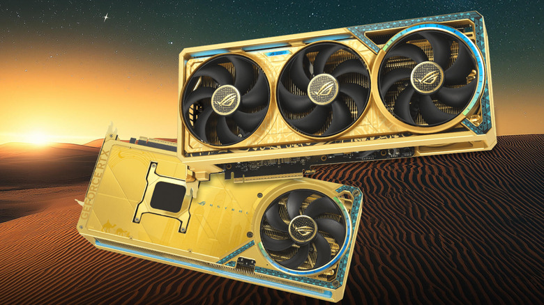 The Asus ROG Astral GeForce RTX 5090 Dhahab Edition on a desert background