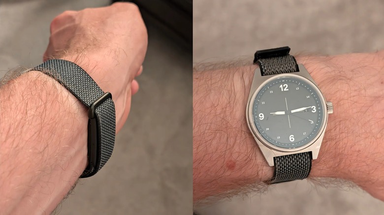 A photo of Dan Seifert wearing a Fitbit Air on the same strap as an Instrmnt Field Watch, the images show's the individual's wrist from two different angles