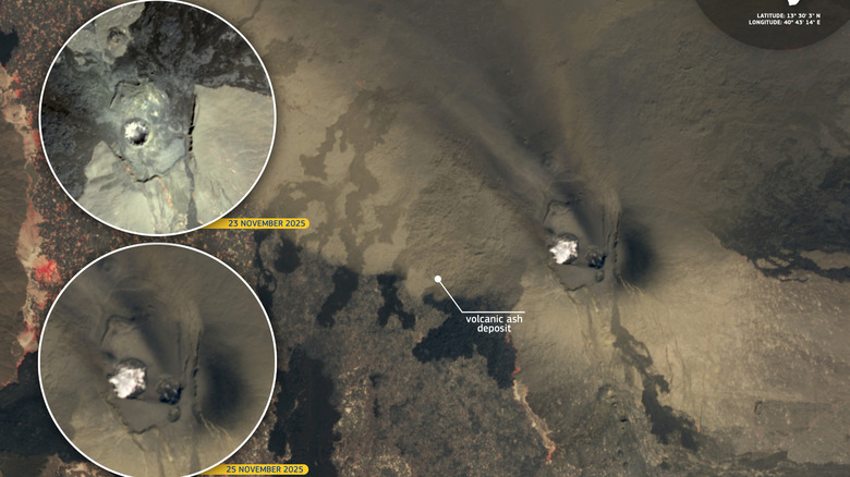 Two closeup images showing the change in crater shape before and after the Hayli Gubbi eruption