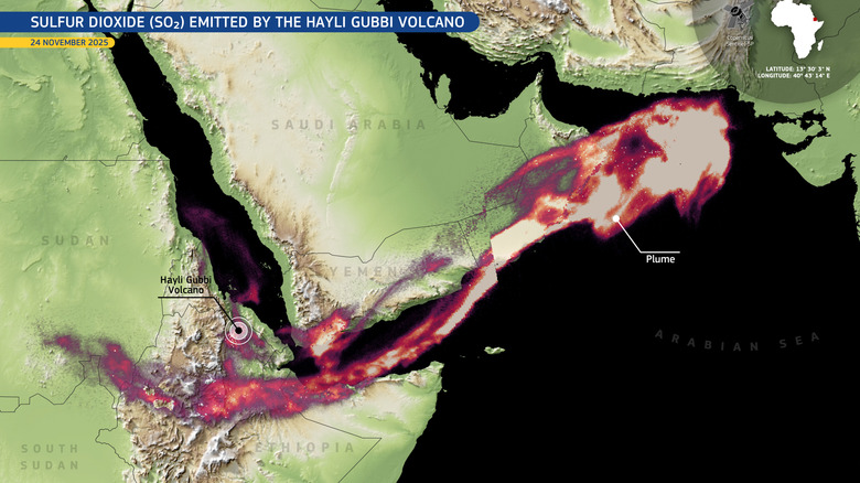A map showing the spread of the eruption plume from Hayli Gubbi across the world