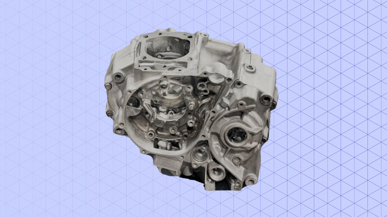 A detailed gray 3D model of an engine in front of a light purple geometric background.