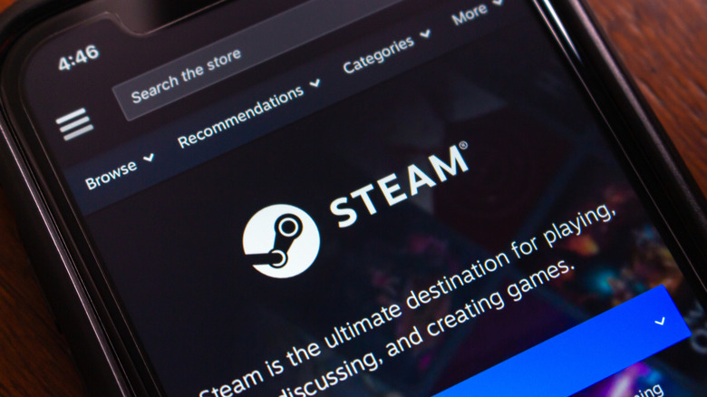 The Steam logo displayed on a phone screen within the Steam app's store page.