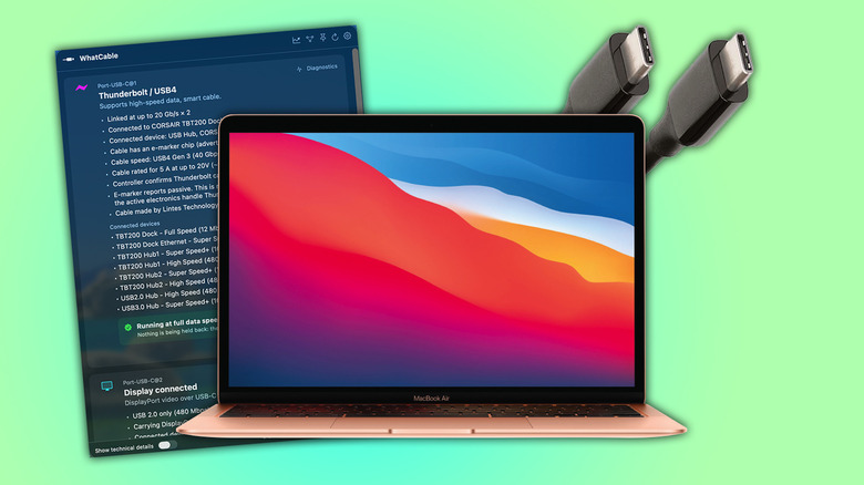 Screenshot of WhatCable behind Macbook with USB C cable to the side
