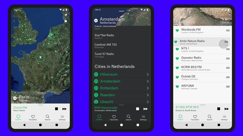 A series of screenshots showing Radio Garden app in action