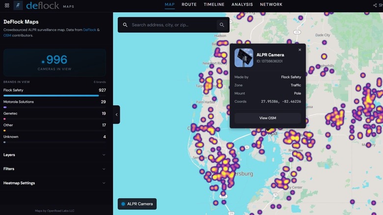 Deflock map interface with ALPR cameras around Tampa Bay, Florida.