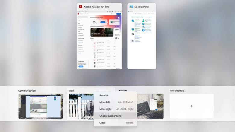 Windows showing customization menu for virtual desktops