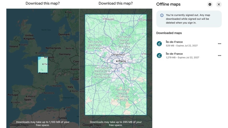 Screenshots from Google Maps for iPhone showing different sizes of offline maps, depending on the size of the map.