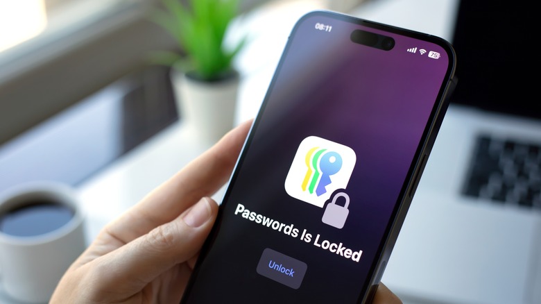 A person using the Apple Passwords app on an iPhone.
