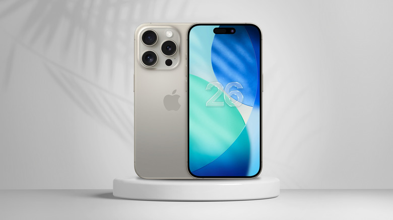 An iPhone 16 Pro screen with new iOS 26 logo.