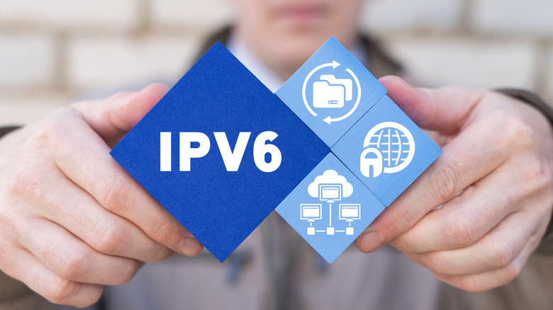 Hands holding diamonds representing IPv6 and various internet and data transfer icons