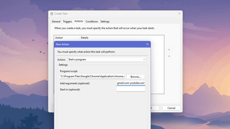 Task Scheduler showing task creation for app launches to specific screens