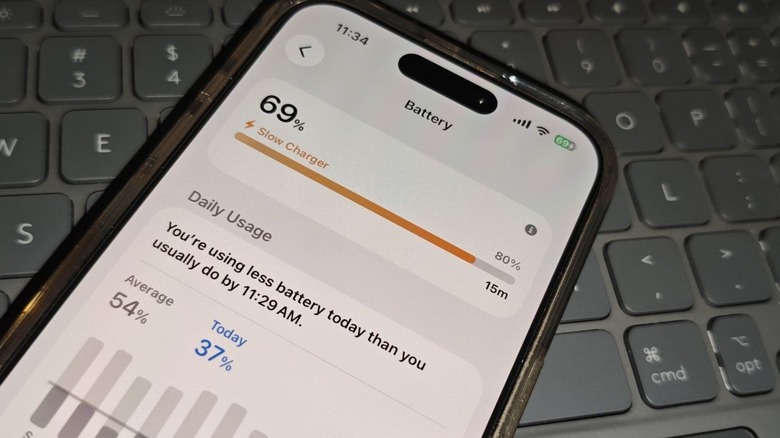 An iPhone showing the Battery menu with a Slow Charger warning