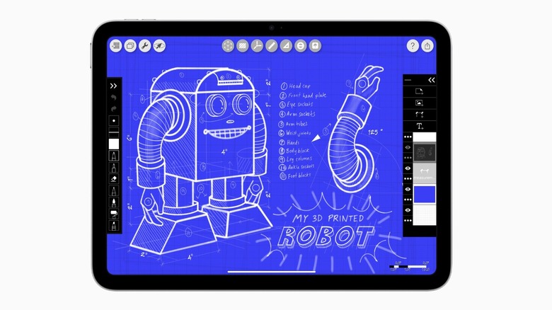 A blueprint illustration of a 3D-printed robot on Apple's mockup of the base model iPad