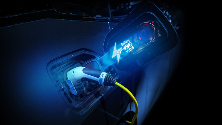 A charging cable plugged into an EV with a graphic overlaid saying 
