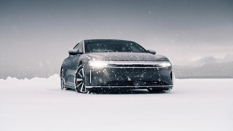 A Lucid Air Grand Touring in ice-cold weather