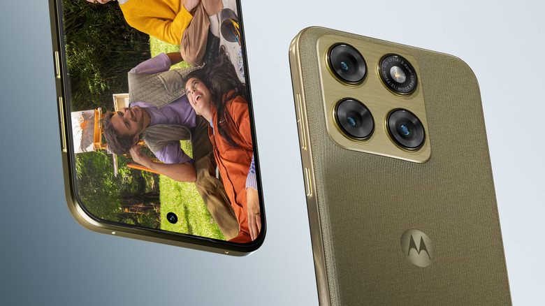 Motorola Edge in Martini Olive showing rear and screen on grey-blue background