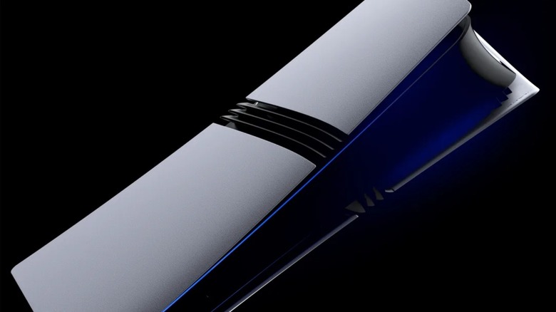 A PS5 Pro console seen diagonally on a black background