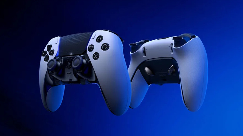 Two DualSense Edge controllers on a blue background