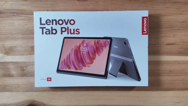 The Lenovo Tab Plus Premium Entertainment Tablet, pictured inside its box