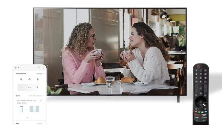 An illutration showing an LG TV with the company's Magic Remote and ThinQ app on the sides