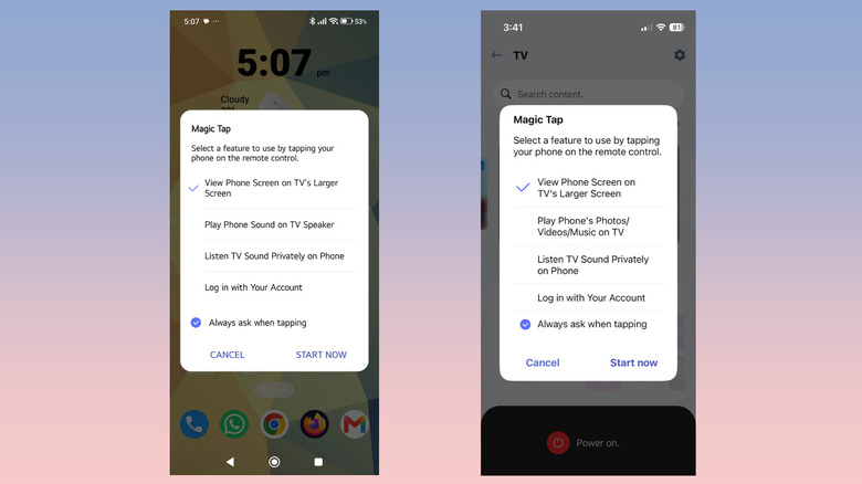 A pair of screenshots showing LG Magic Tap on Android and iOS