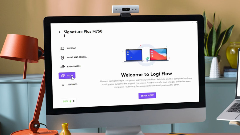A laptop PC showing Logi Options+ with a Flow screen opened