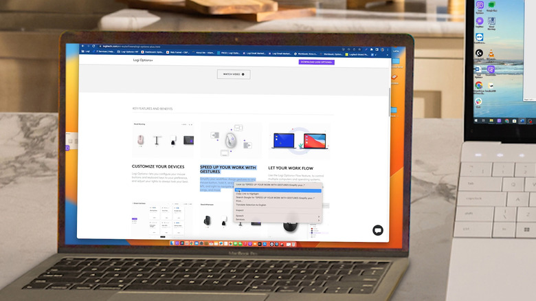 A MacBook copying text next to a Windows laptop connected to Logitech Flow