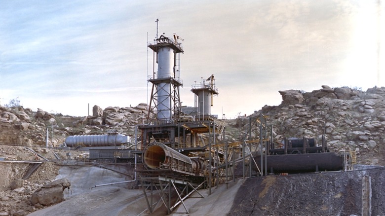 A vertical test stand for the J-2 engine at the Santa Susana Field Laboratory stands ready for action.